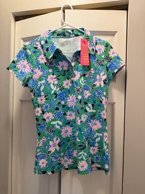 NWT LILLY PULITZER FRIDA SCALLOP POLO UPF 50+ SIZE M GOLF TILL YOU DROP